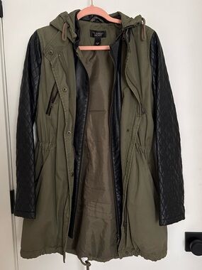 Victoria's Secret Olive Green Parka with Black Quilted Sleeves and Hood